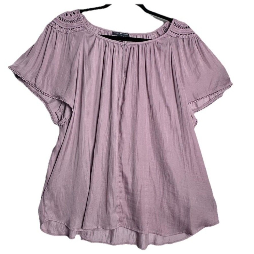 Chelsea & Theodore Flutter-Sleeve Top *Women 3X* Boho Pink Crochet/Lace Pom Pom